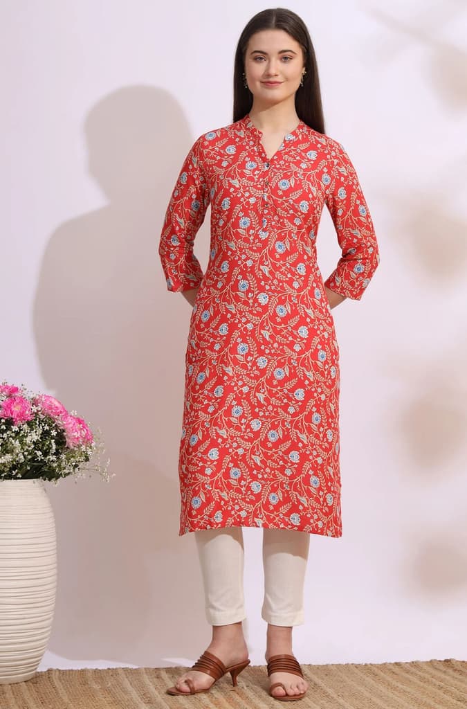 Orange Bold Floral Printed Cotton Cambric Straight Kurta — photo 2