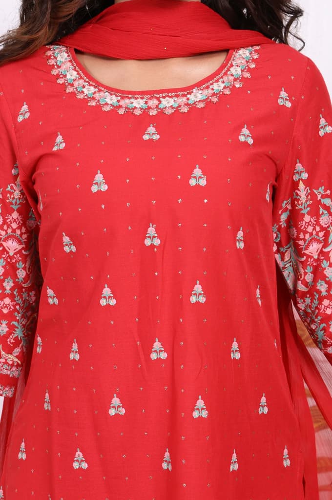 Red Floral Printed Embroidered Straight Cotton Kurta with Sharara and Dupatta Set — photo 3