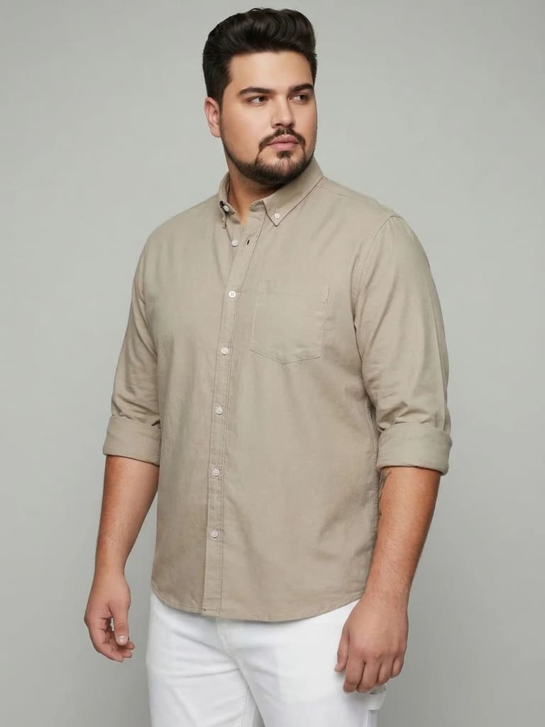 Plus Men's Khaki Cotton Full Sleeve Regular Fit Solid Oxford Shirt With Button-Down Collar — photo 2