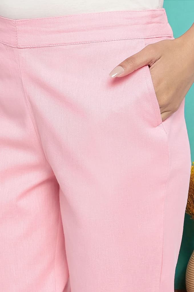 Pink Solid Cotton Flax Trousers in Ankle Length — photo 7