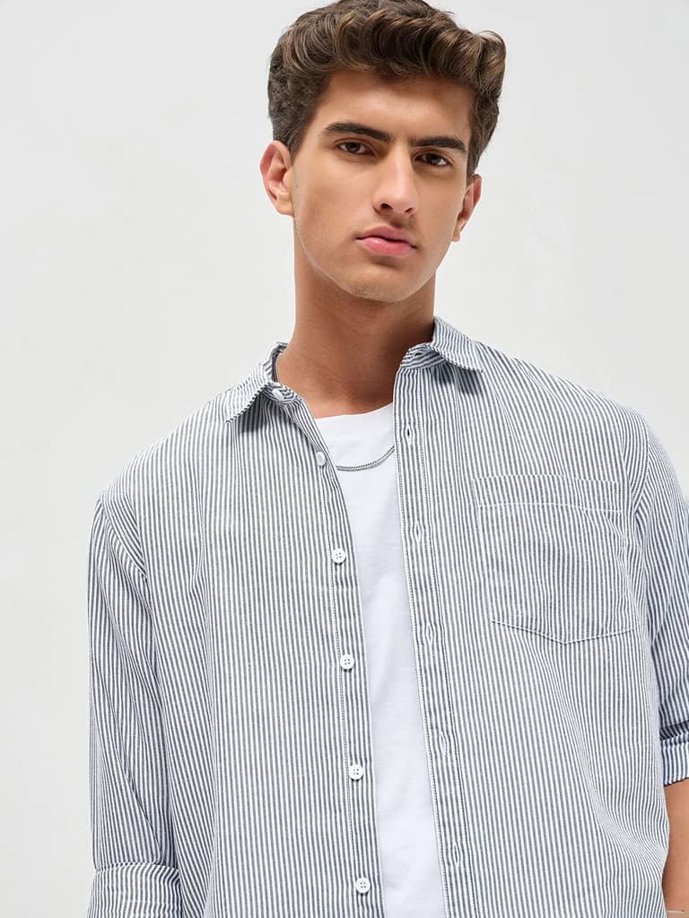 Men's Dark Blue Cotton Full Sleeve Regular Fit Casual Striped Shirt — photo 7