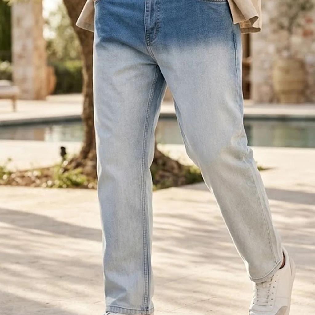 Plus Men's Light Blue Straight Fit Heavy Washed Faded Denim Jeans Stretchable