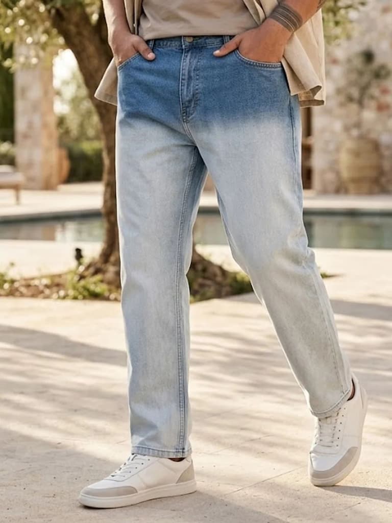 Plus Men's Light Blue Straight Fit Heavy Washed Faded Denim Jeans Stretchable — 36 / Light Blue