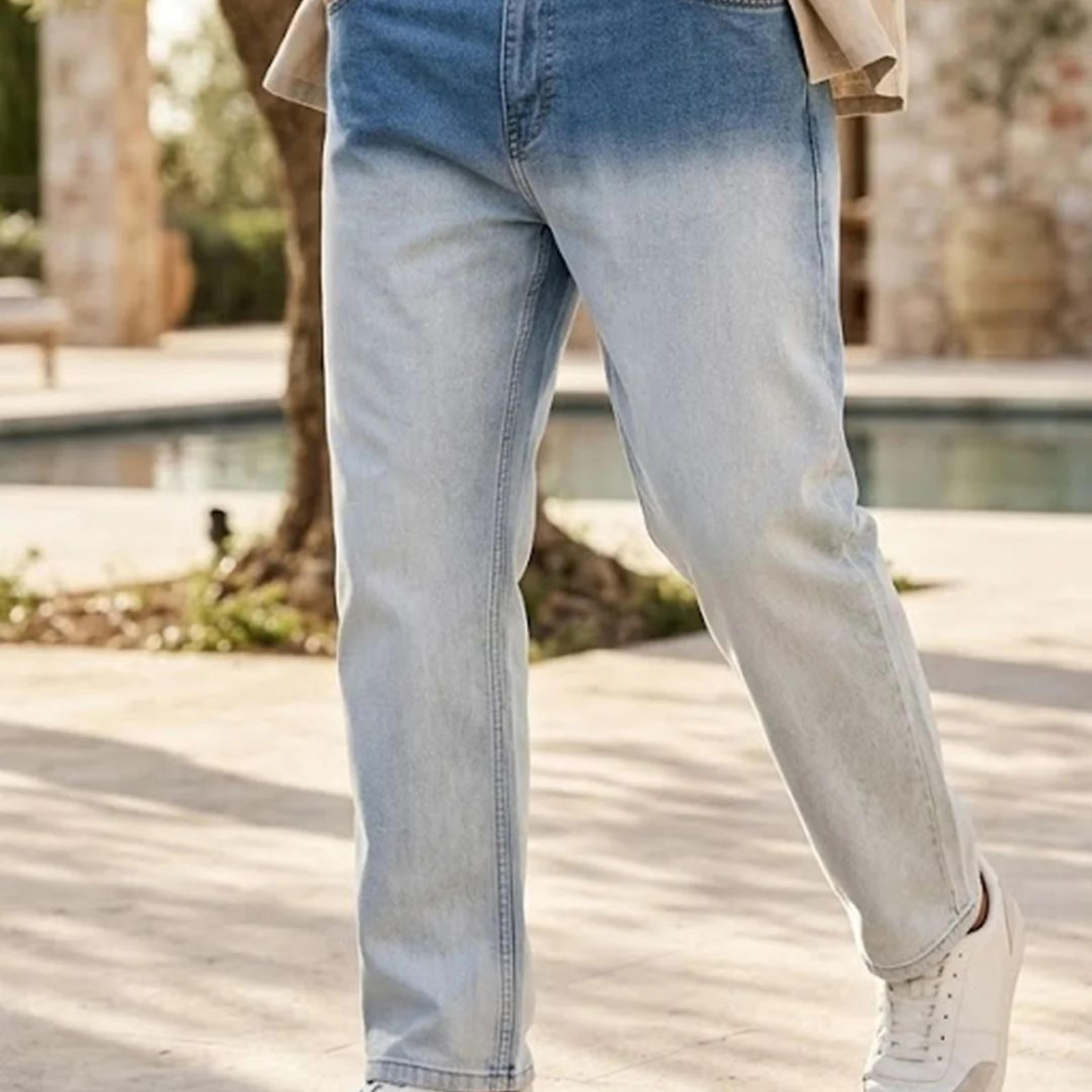 Plus Men's Light Blue Straight Fit Heavy Washed Faded Denim Jeans Stretchable