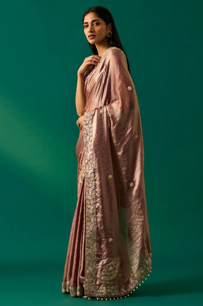Pink Zari Embroidered Zari Work Banarasi Tissue Satin Saree with Unstitched Blouse — photo 3