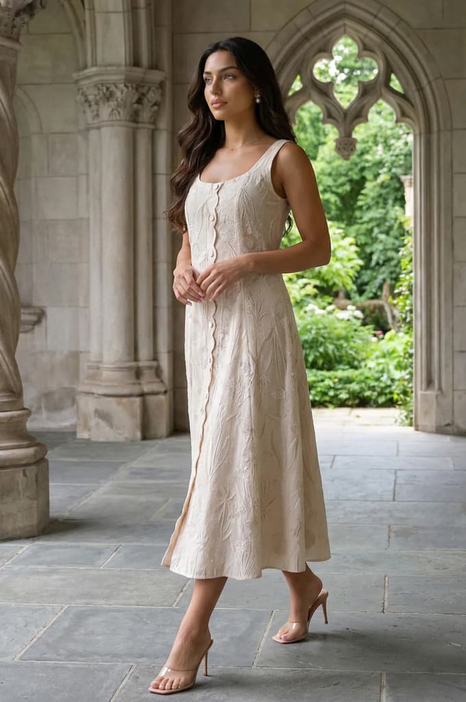 Beige Textured Cotton Blend Embroidered A-line Western Dress — photo 3