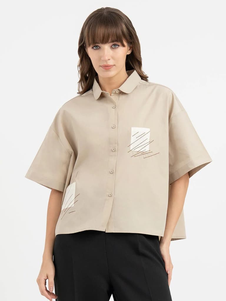 Shirts for Women in Dusty Olive | Embroidered 3/4th Sleeve Shirt
