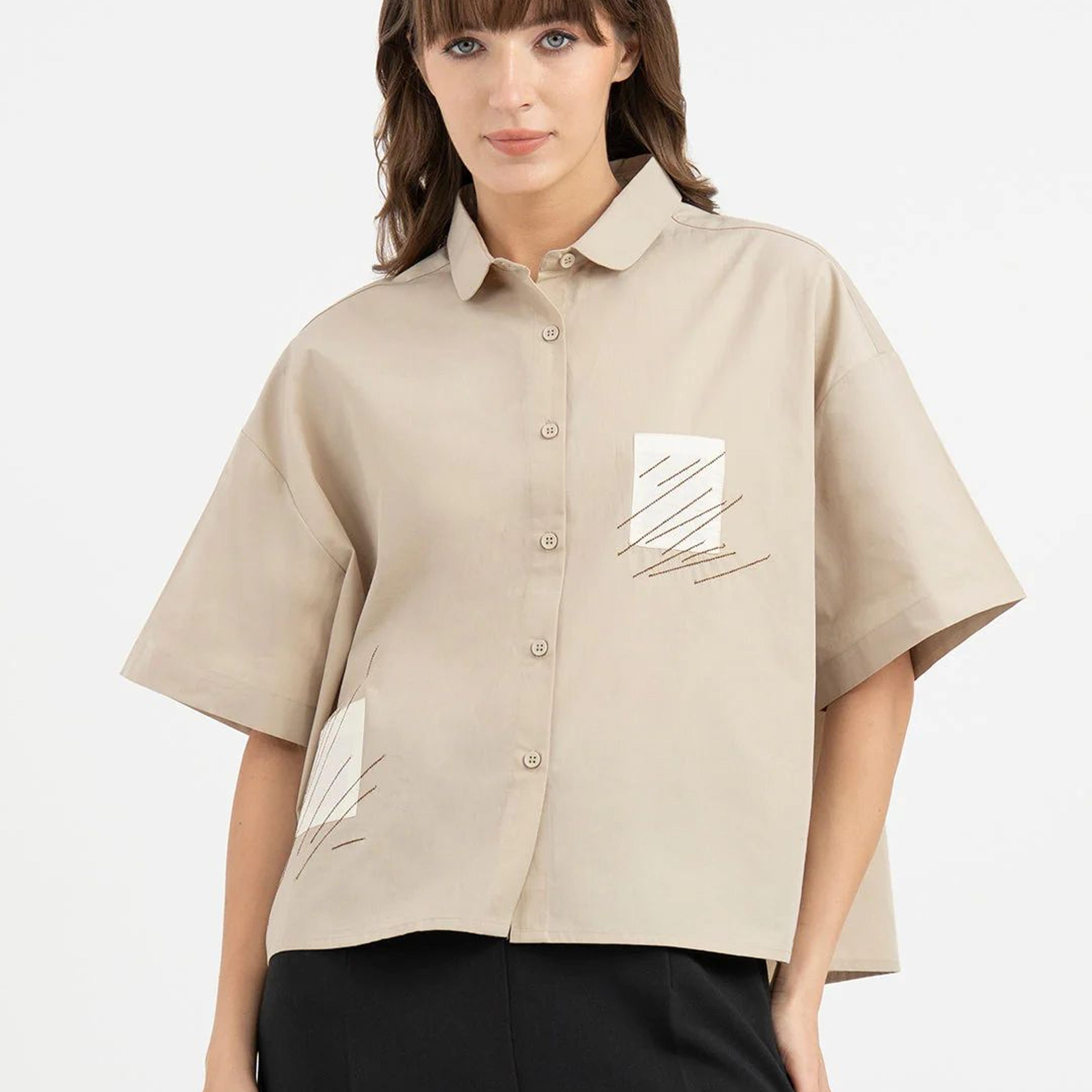 Shirts for Women in Dusty Olive | Embroidered 3/4th Sleeve Shirt
