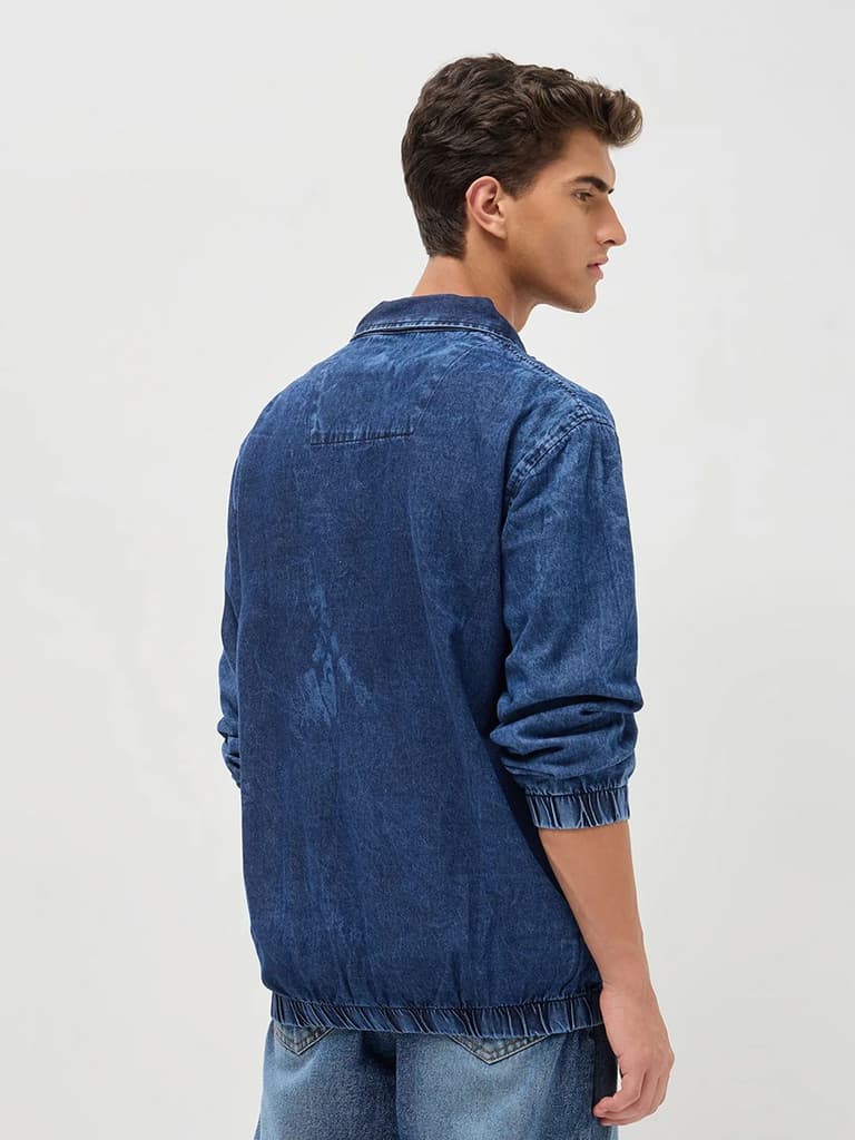 Men's Blue Relaxed Fit Full Sleeve Harrington Denim Jacket — photo 4