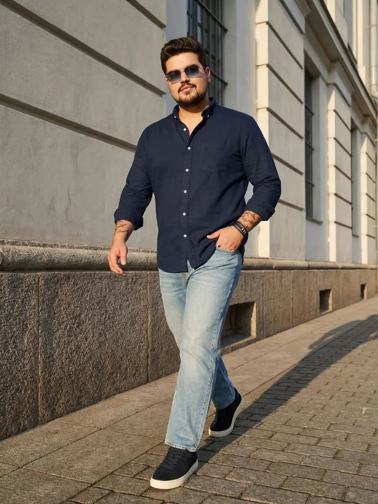 Plus Men's Navy Cotton Full Sleeve Regular Fit Solid Oxford Shirt With Button-Down Collar — photo 4