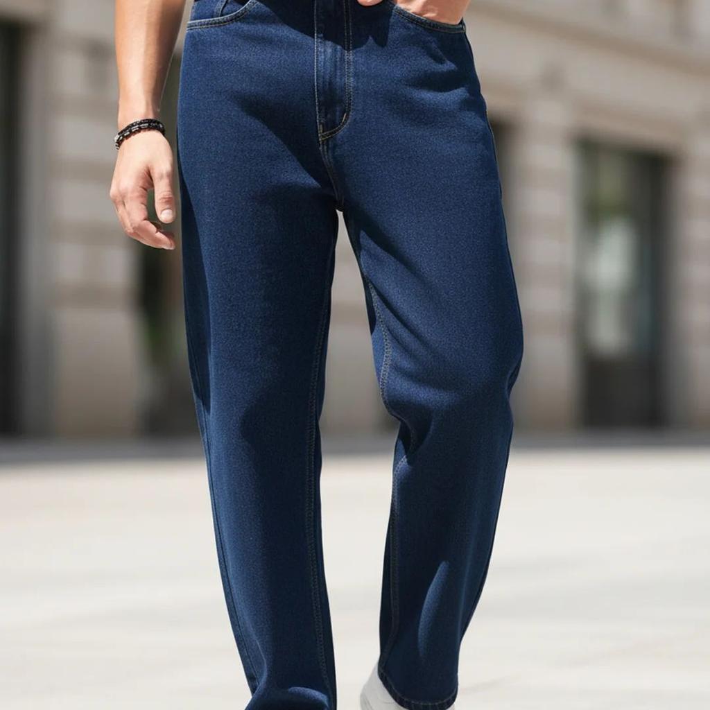 Men's Blue Loose Baggy Fit Raw Washed Denim Jeans Non-Stretchable