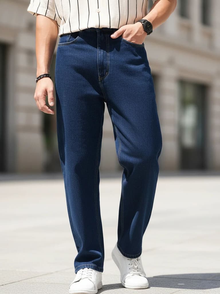 Men's Blue Loose Baggy Fit Raw Washed Denim Jeans Non-Stretchable — 28 / Blue