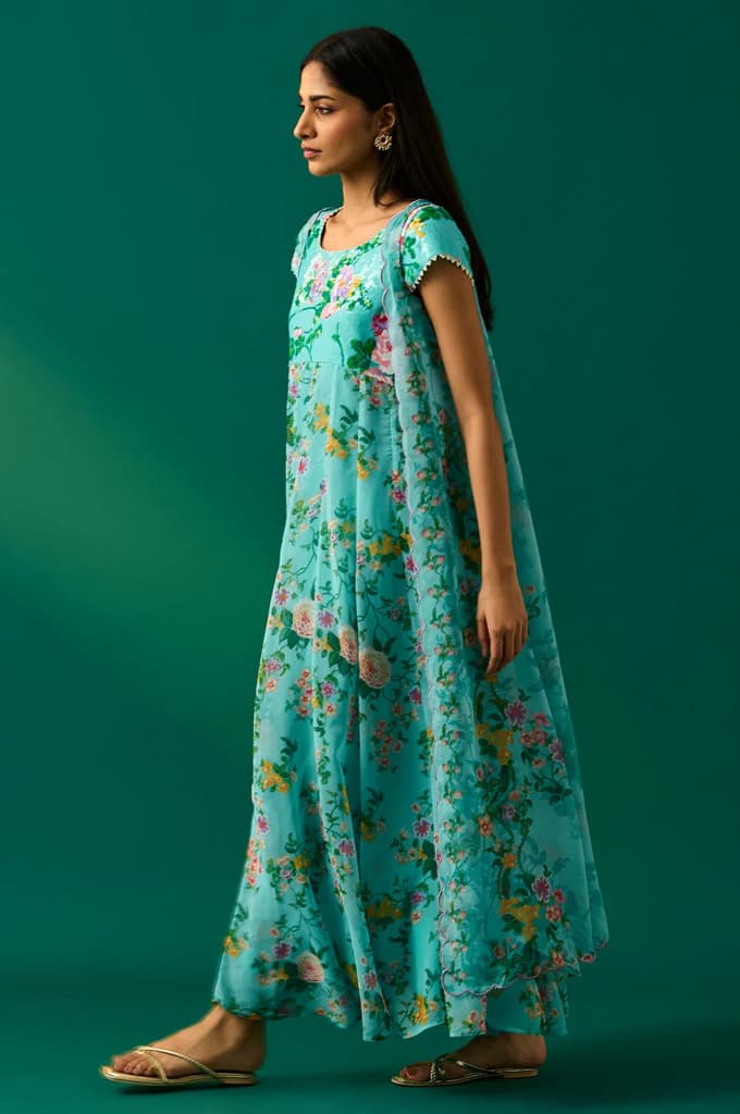 Aqua Blue Embroidered Sequined Flared Georgette Dress with Gillet Set — photo 3