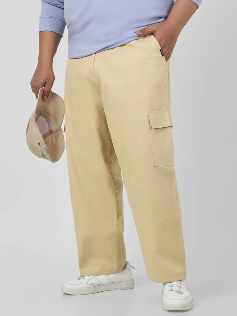 Plus Men's Beige Loose Baggy Fit Solid Cargo Chino Pant with 6 Pockets Non-Stretchable — 36 / Beige