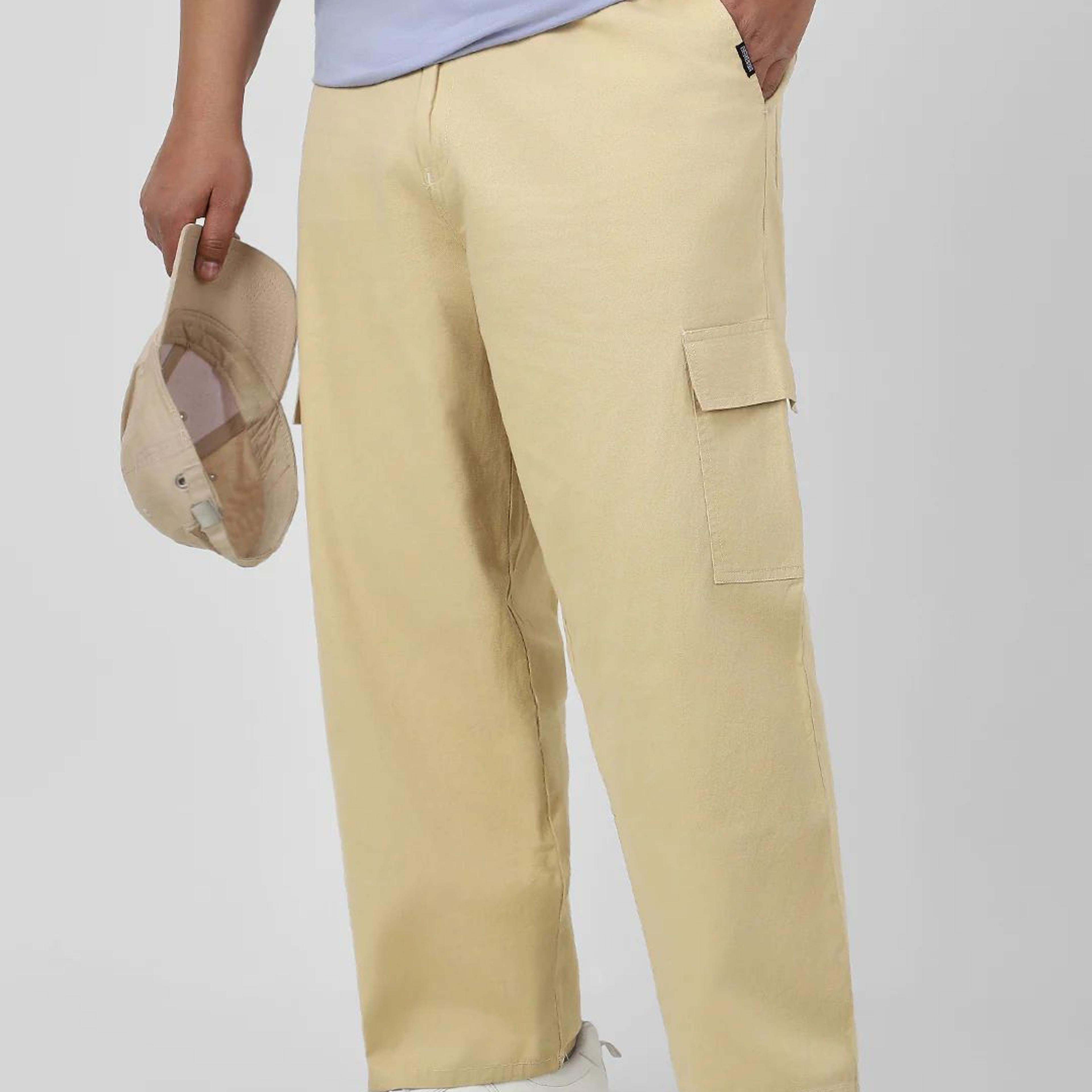 Plus Men's Beige Loose Baggy Fit Solid Cargo Chino Pant with 6 Pockets Non-Stretchable