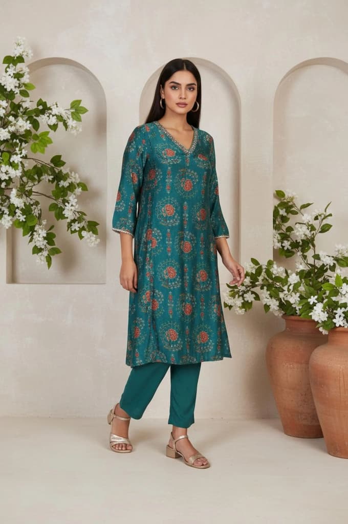 Teal Floral Printed Embellished A-Line Art Silk Kurta with Straight Pant Set — photo 6