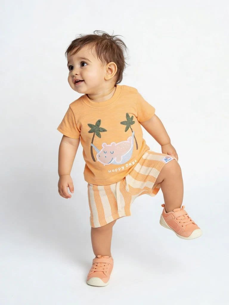 HOP Baby Boys Coral Printed Cotton T-Shirt and Shorts Set