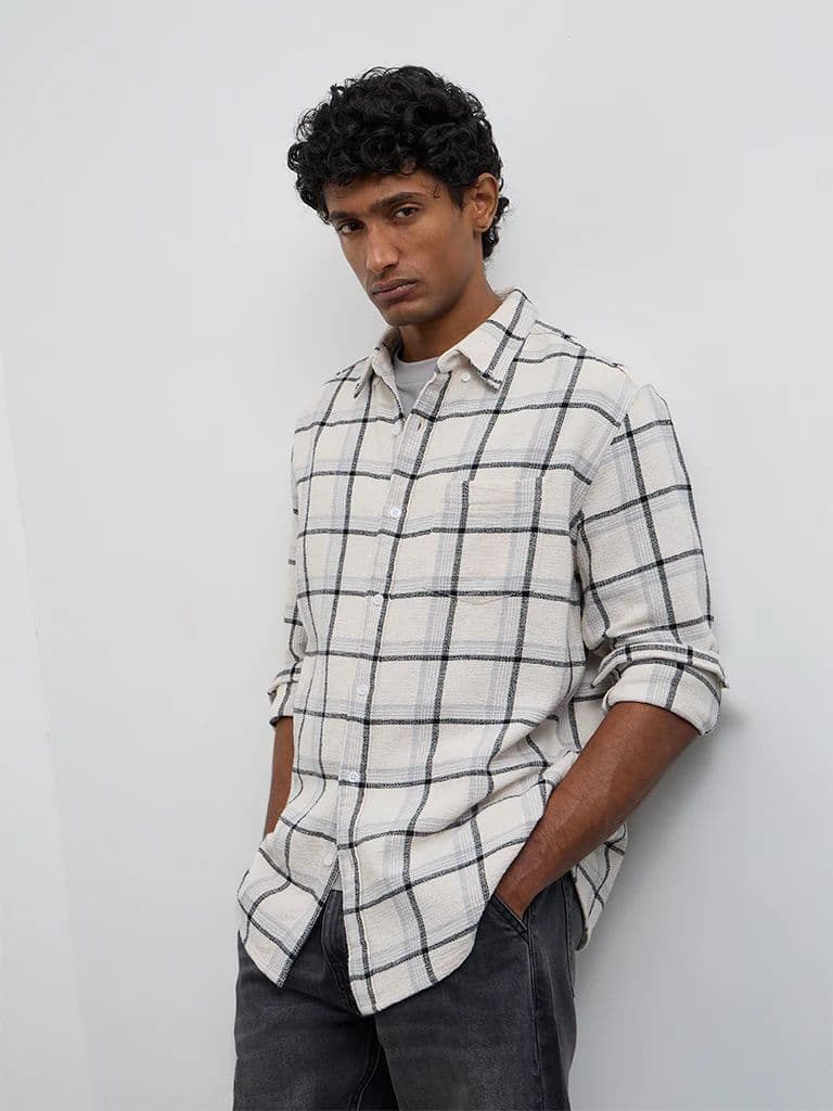 WES Casuals Off-White Checkered Relaxed-Fit Cotton Shirt — photo 2
