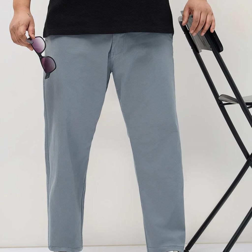 Plus Men's Light Blue Straight Fit Mid Rise Cotton Casual Chinos Trousers Stretch
