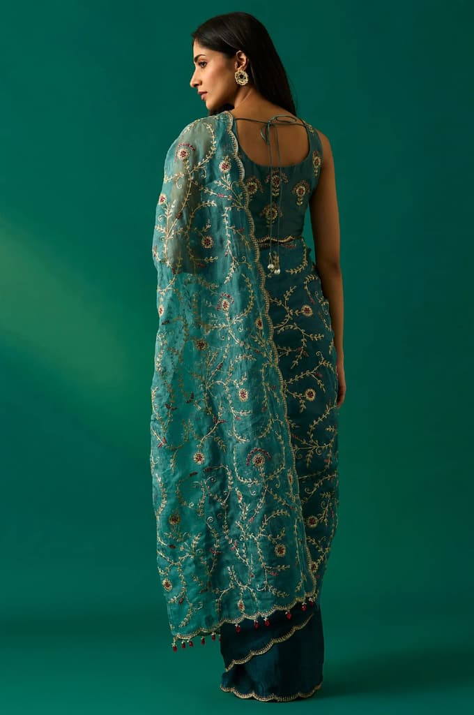 Teal Floral Embroidered Zari Work Tissue Satin Saree with Unstitched Blouse — photo 4