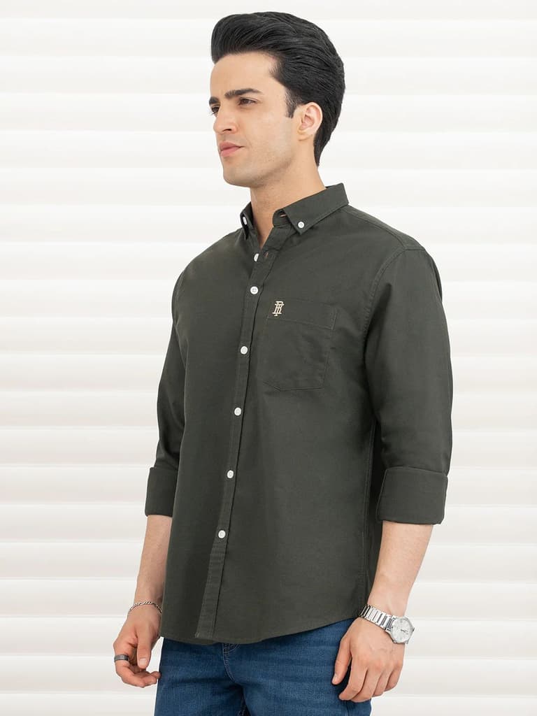 Shirts for Men in Dark Olive | Cotton Oxford Full Sleeve Shirt — photo 2