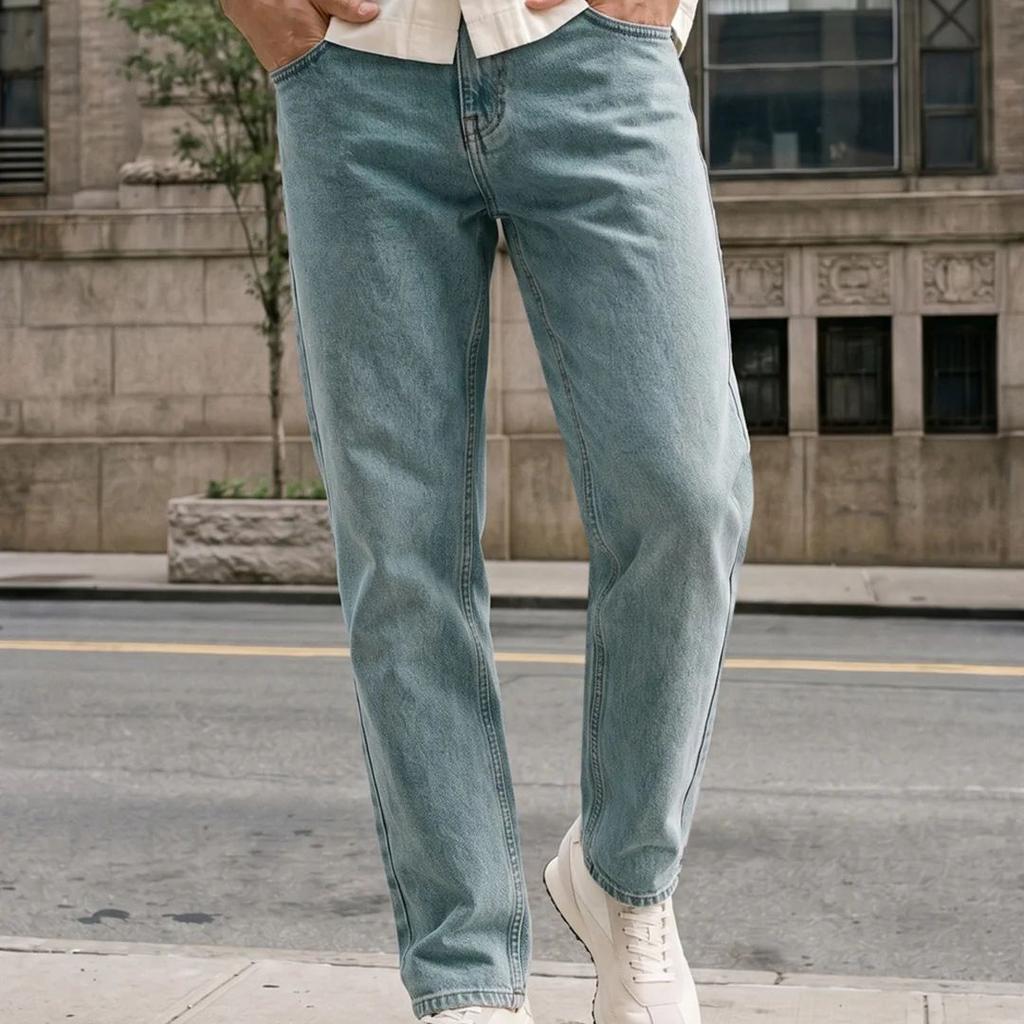 Men's Ice Blue Relaxed Fit Washed Denim Jeans Non-Stretchable