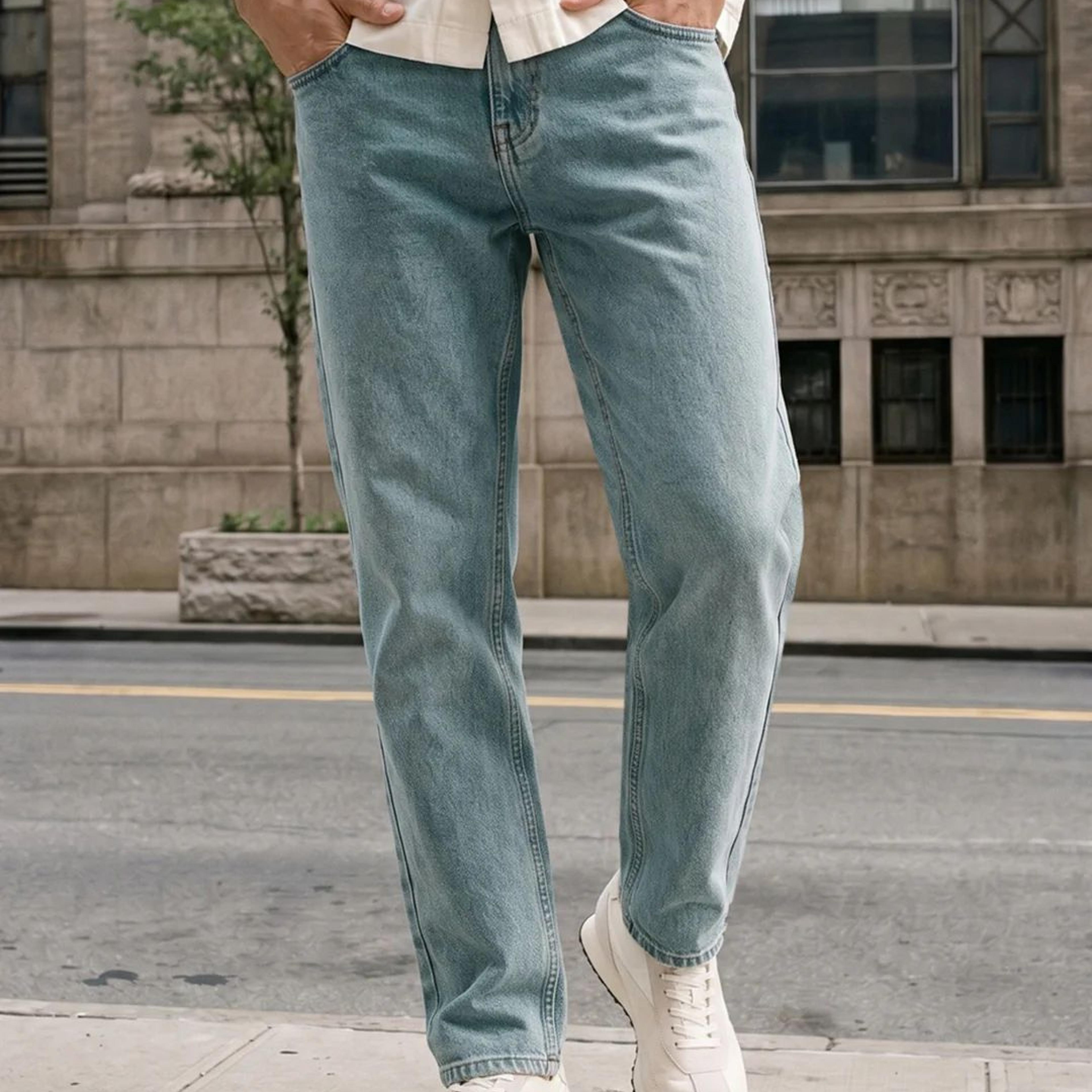 Men's Ice Blue Relaxed Fit Washed Denim Jeans Non-Stretchable