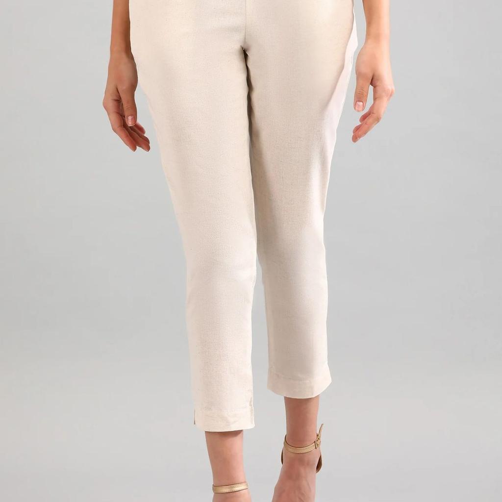 Beige Solid Straight Fit Cotton Trousers With Elasticated Back