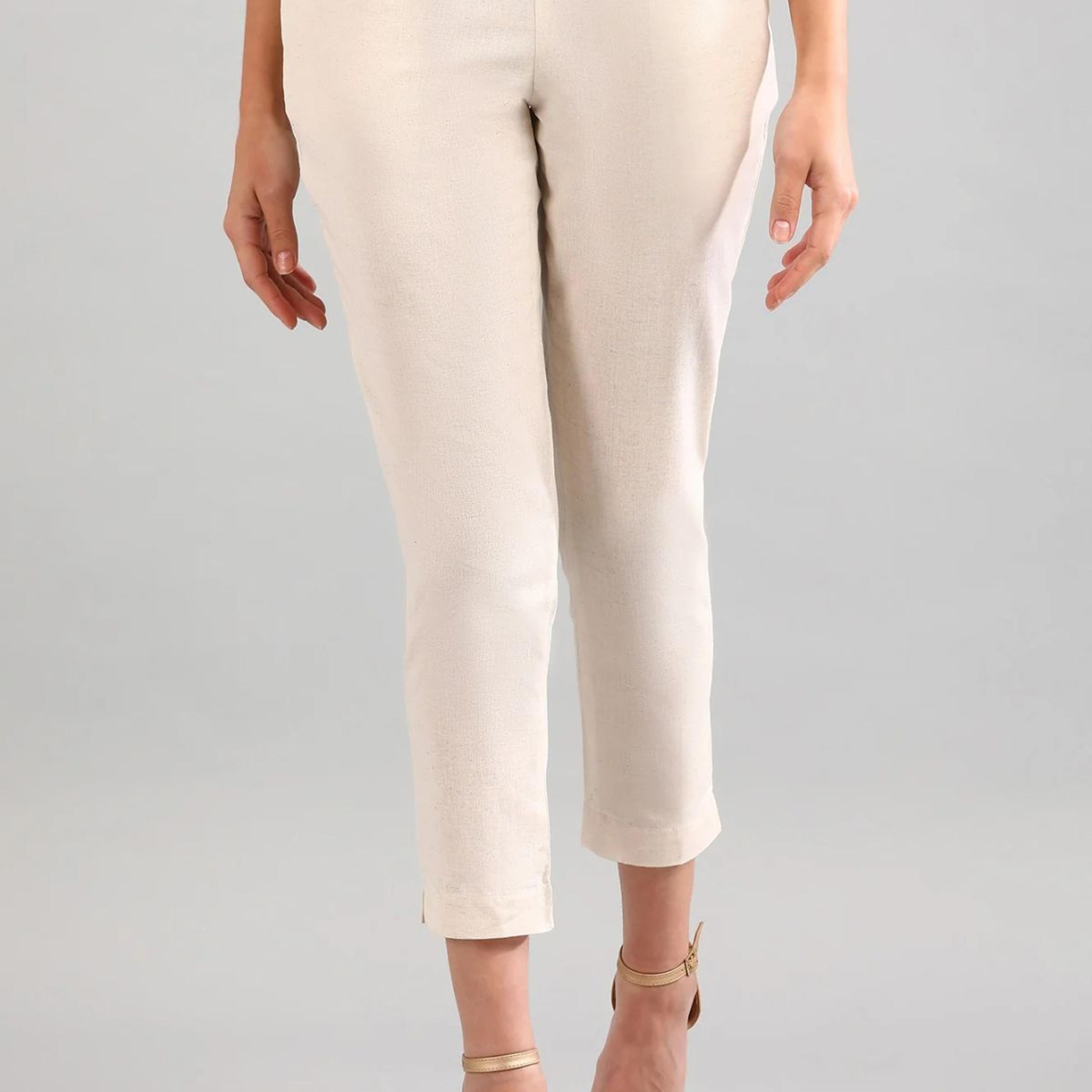 Beige Solid Straight Fit Cotton Trousers With Elasticated Back