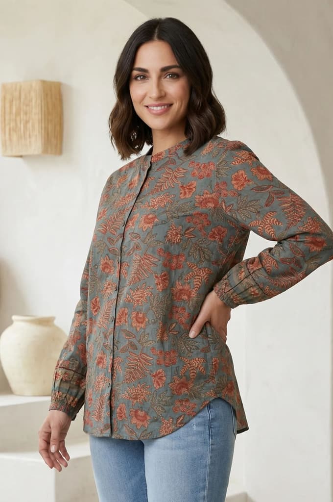 Blue Floral Printed Pure Cotton Straight Top — photo 4