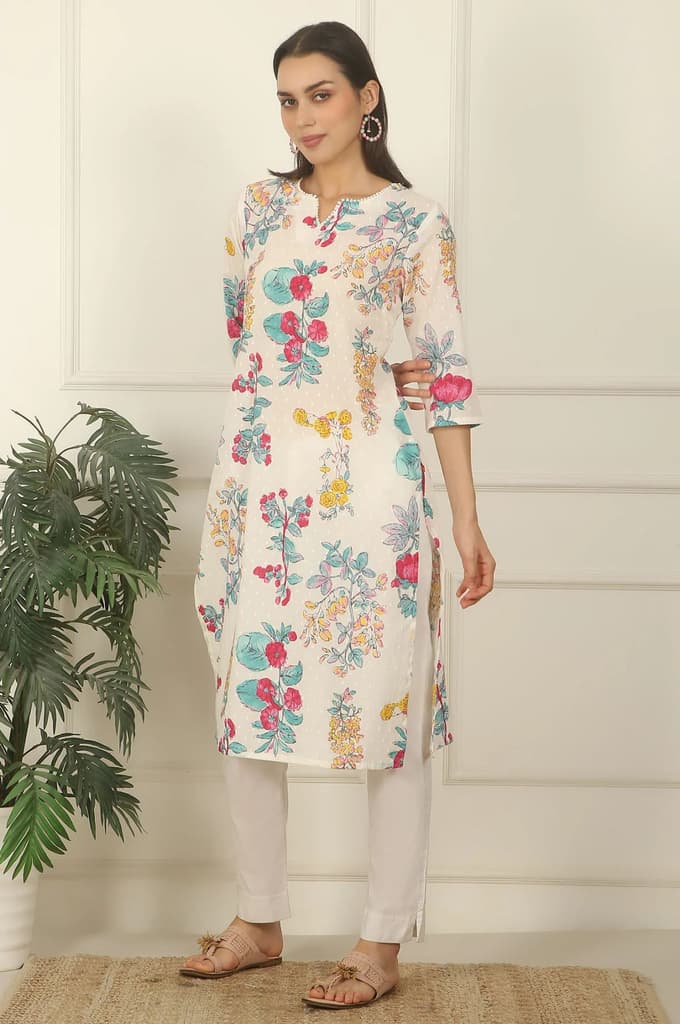 White Floral Printed Textured Cotton Straight Summer Kurta — photo 5