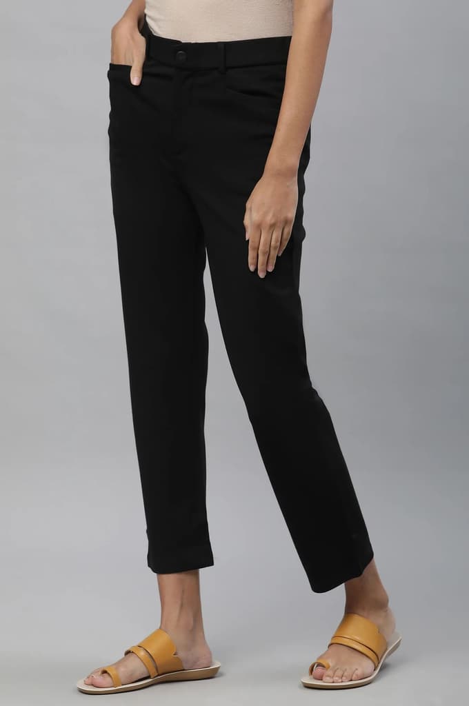 Black Solid Slim Fit Trousers With Elasticated Waist — photo 2