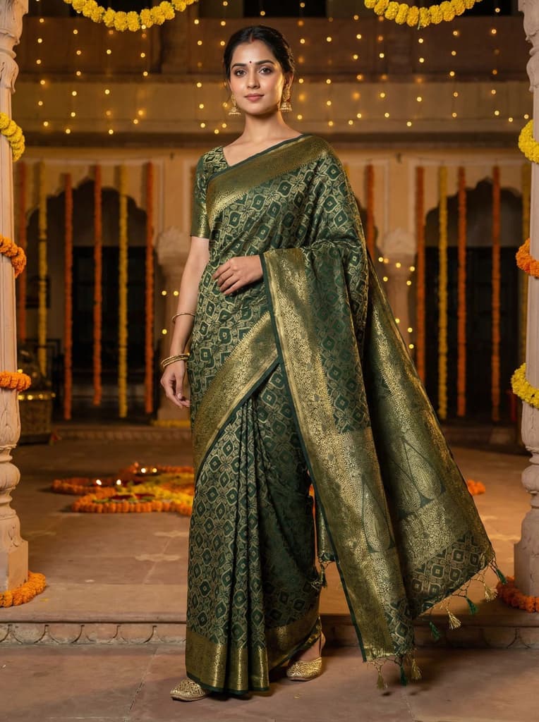 MIMOSA Women's Woven Design Banarasi Style Raw Silk Saree with Blouse Piece - Green ( SA00003131GRNFREE ) — Default Title