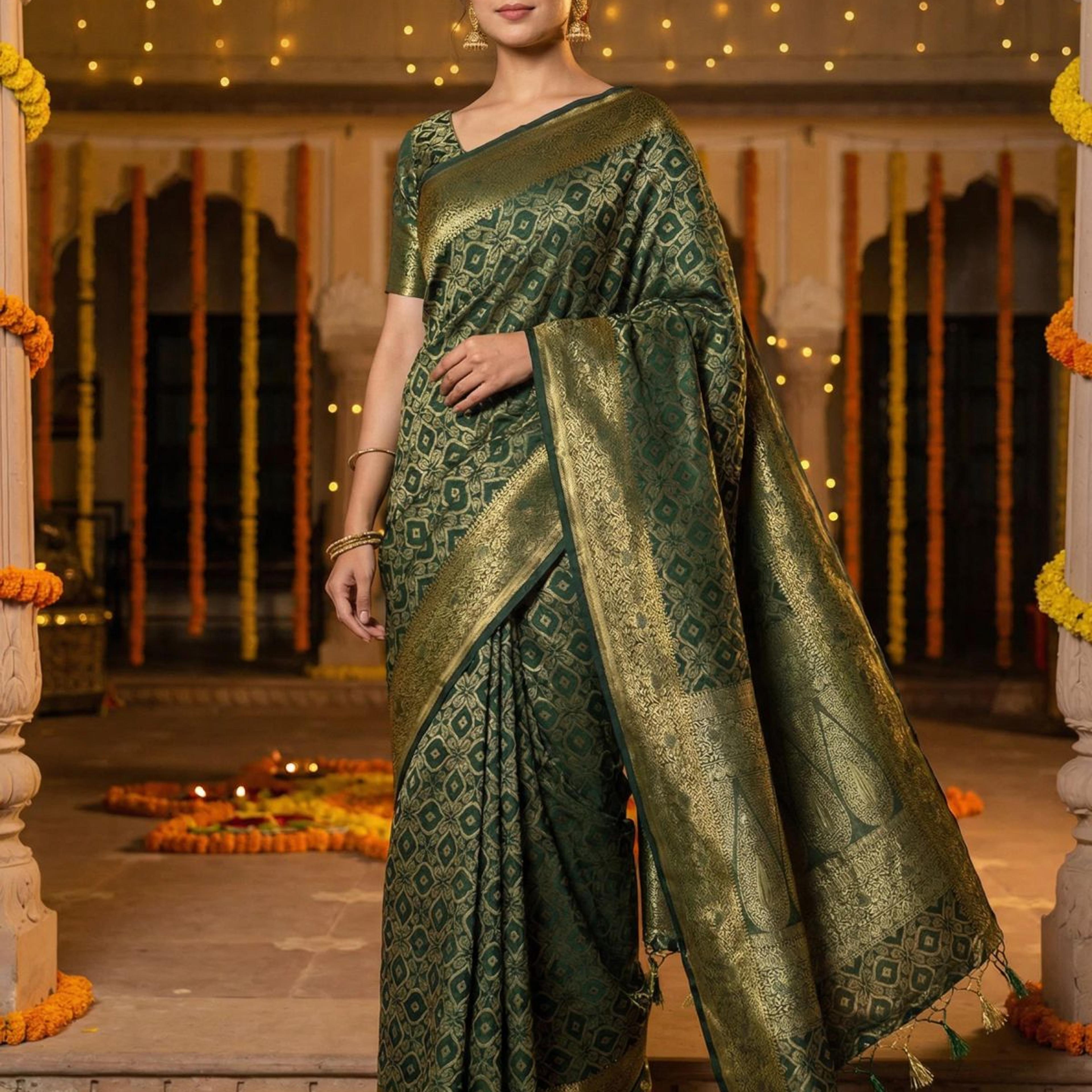 MIMOSA Women's Woven Design Banarasi Style Raw Silk Saree with Blouse Piece - Green ( SA00003131GRNFREE )
