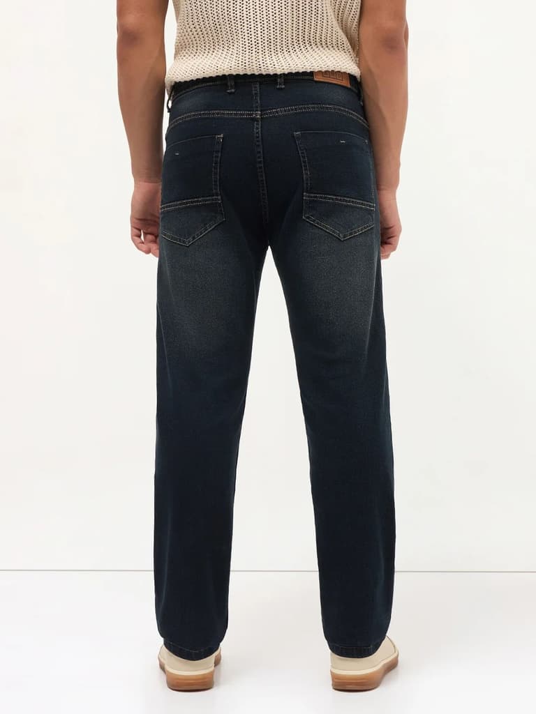Men's Carbon Blue Regular Fit Whisker Wash Yellow Tint Denim Jeans Stretchable — photo 4