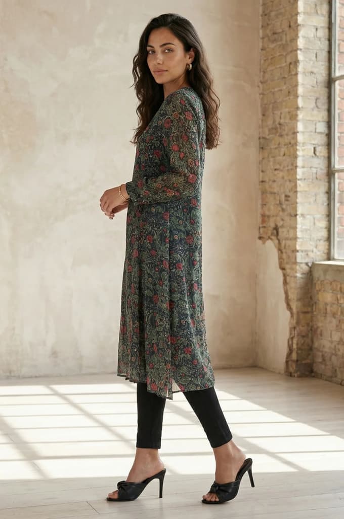 Black Floral Printed Sequins Chiffon Straight Kurta — photo 4
