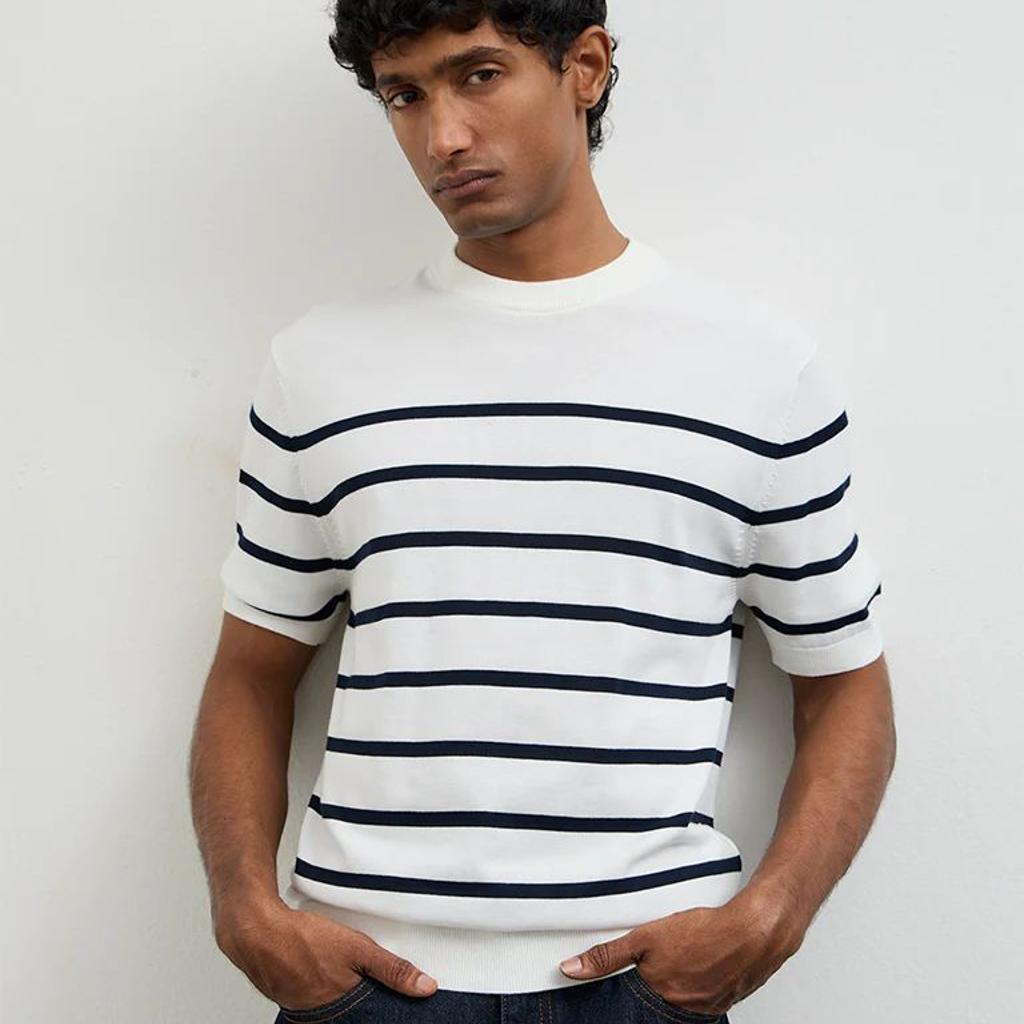 Ascot White Striped Relaxed-Fit Cotton T-Shirt