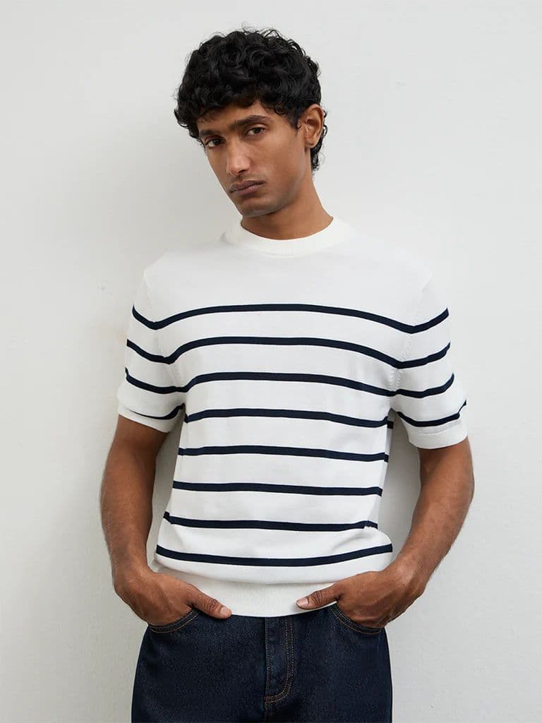 Ascot White Striped Relaxed-Fit Cotton T-Shirt