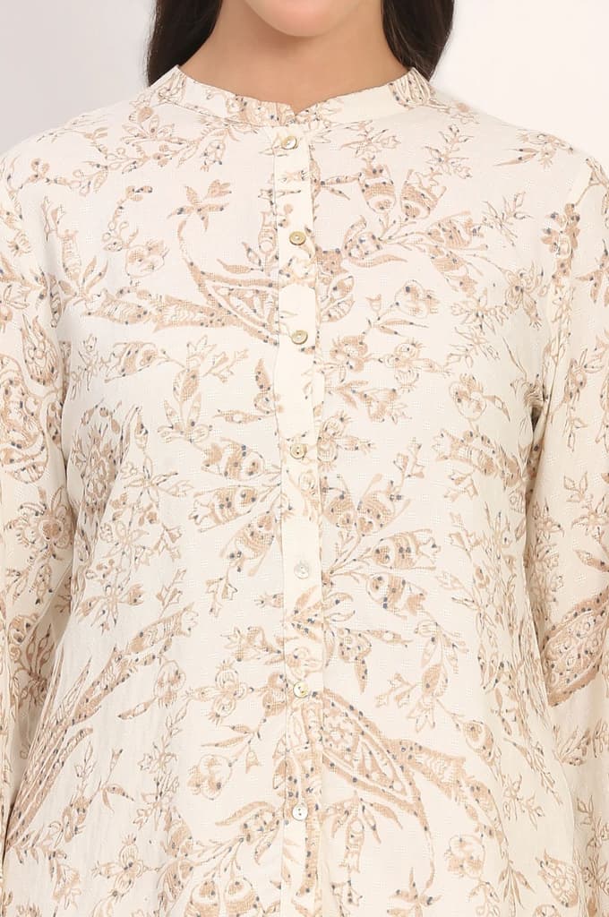 White Floral Printed Dobby Mandarin Collar Top — photo 3