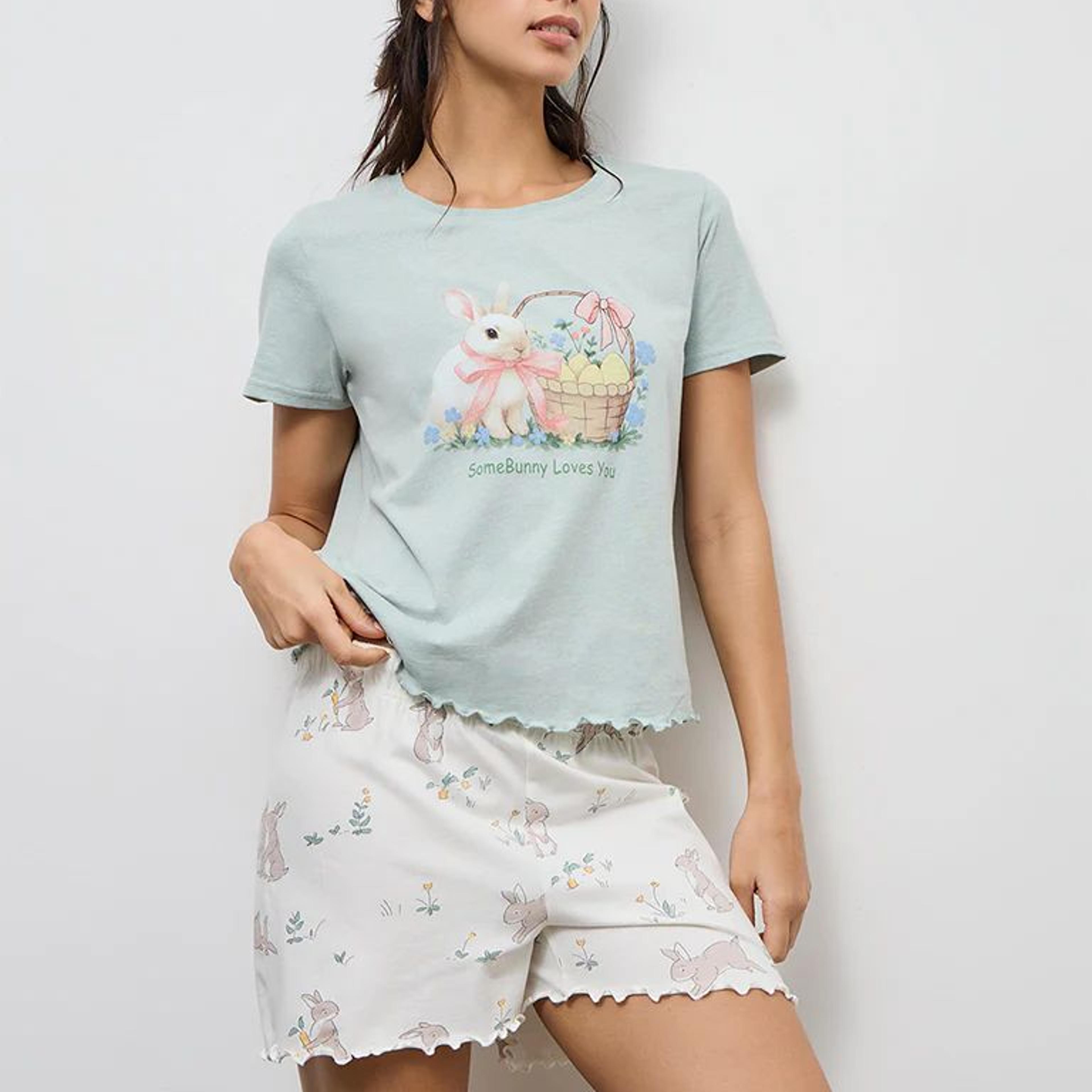 Wunderlove Sea Green Cotton-Blend T-Shirt and Shorts Set
