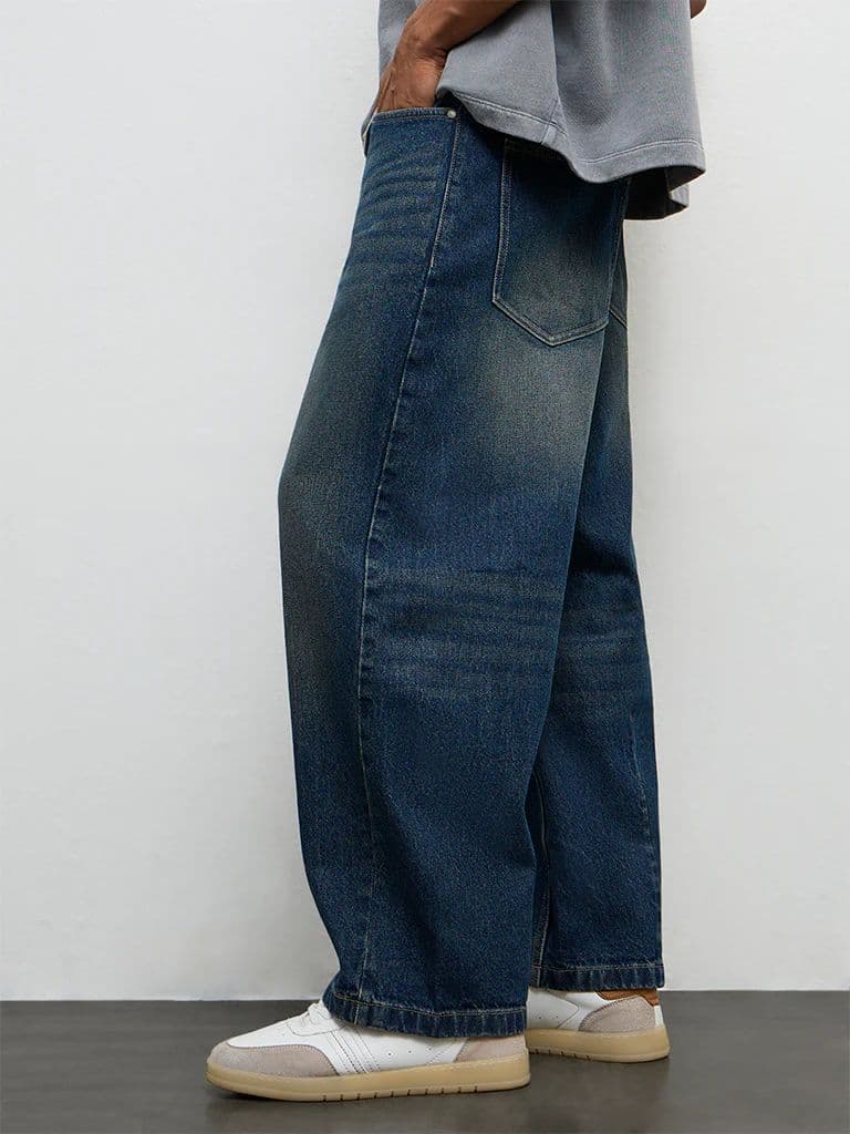 Nuon Blue Mid-Wash Barrel-Fit Mid-Rise Jeans — photo 2
