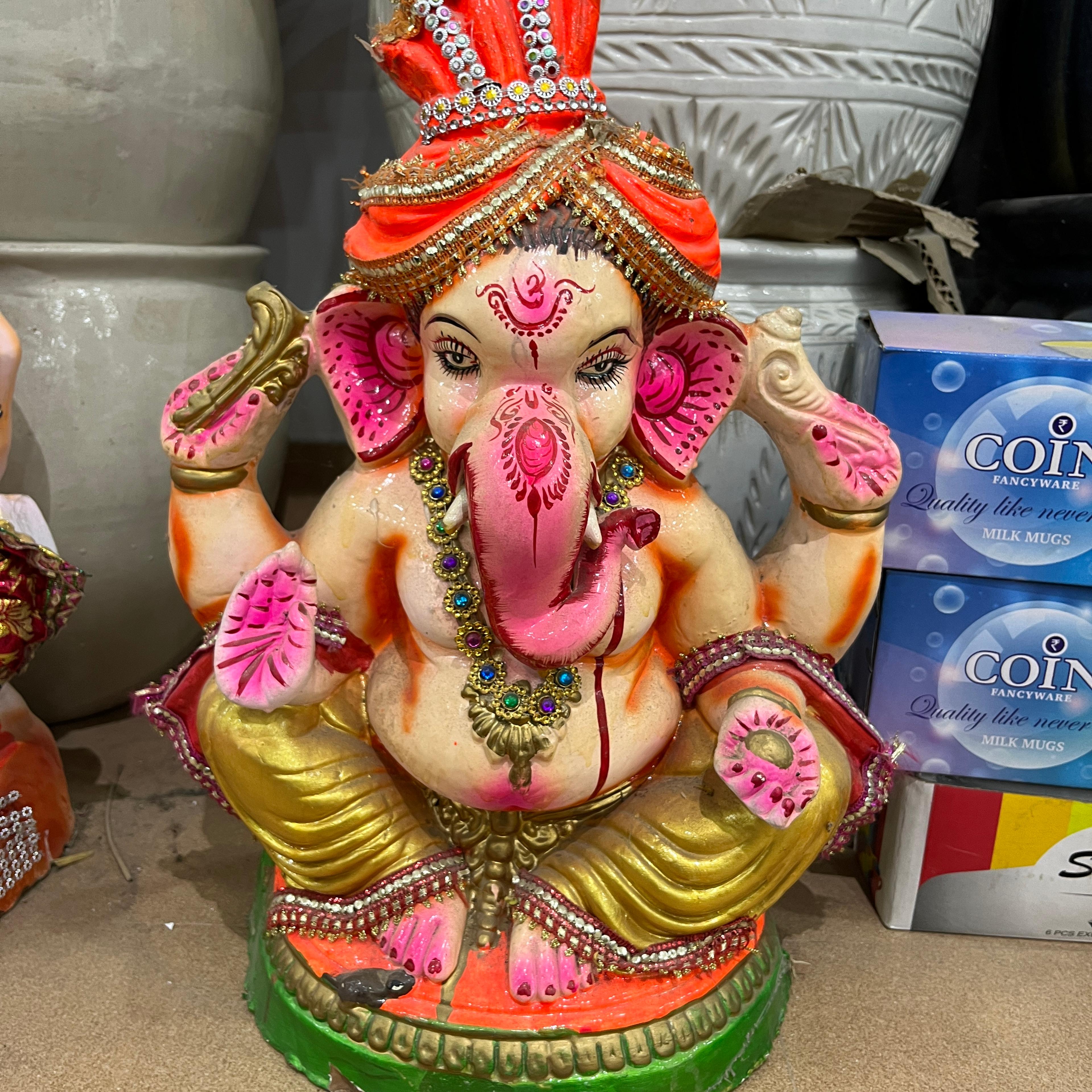 Ganesh Statue | Religious | Clay | Orange, Pink, Gold
