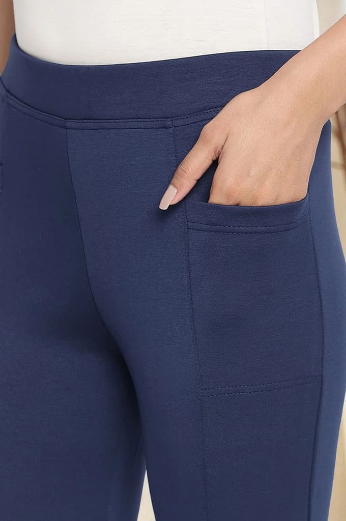 Navy Blue Solid Mid Rise Tights in Calf Length — photo 7