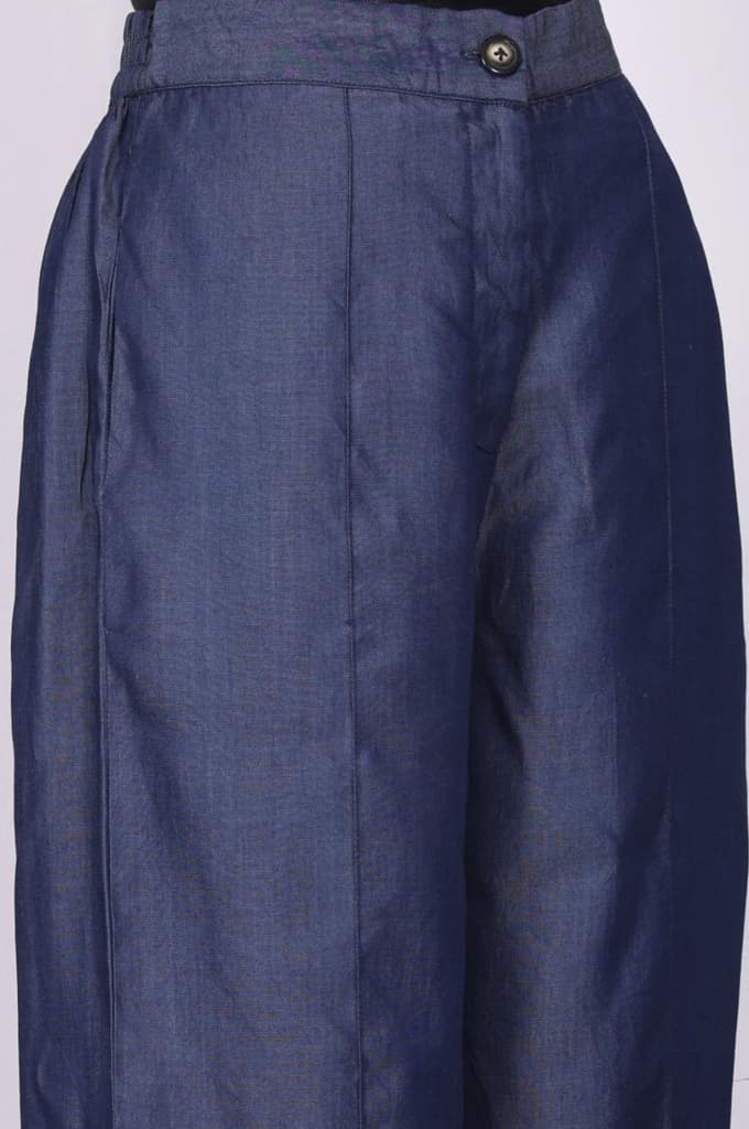 Blue Solid Tencel Relaxed Fit Ankle Length High Rise Pants — photo 2