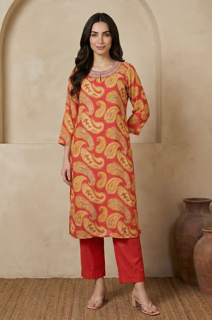 Rust Red Paisley Thread Embroidered Modal Straight Kurta — photo 3