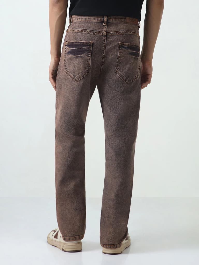 Men's Light Brown Straight Fit Heavy Washed Jeans Stretchable — photo 3