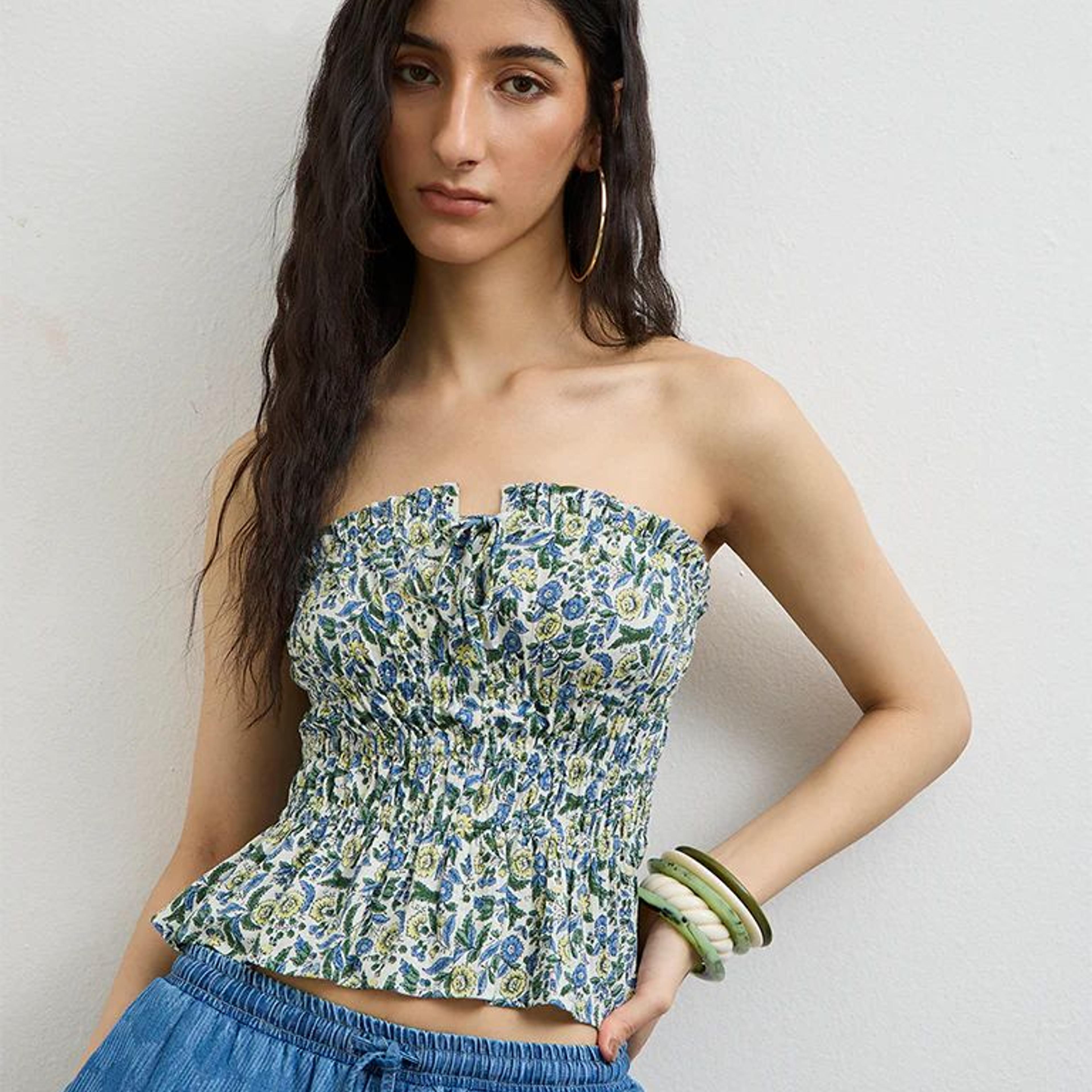 Bombay Paisley Off-White Floral Cotton-Blend Tube Top