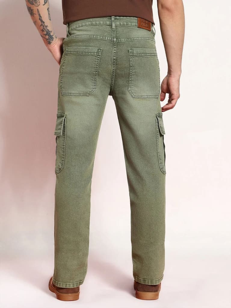 Men's Olive Green Regular Fit Washed Cargo Jeans With 6 Pockets Stretchable — photo 4