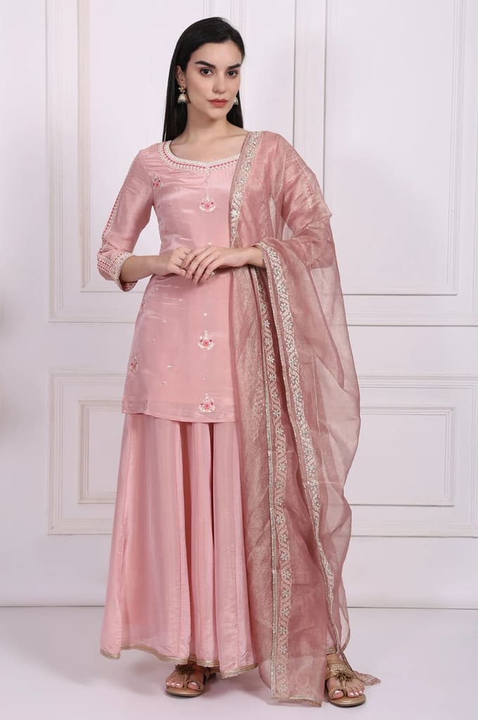 Pink Embroidered Straight Tissue Kurta with Culotte and Dupatta Set — photo 2