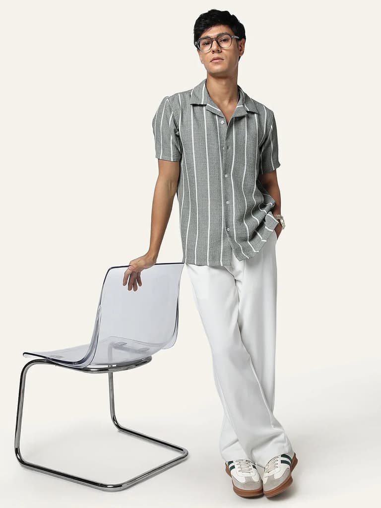Men's Steel Cotton Half Sleeve Relaxed Fit Linen Striped Shirt with Cuban Collar — photo 5